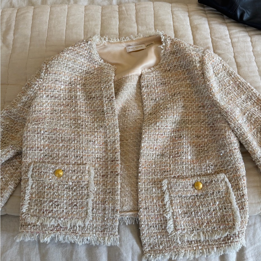 Ramy Brook Cream and Beige Bouclé Fringed Jacket
